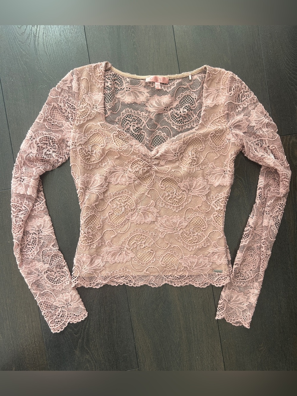 GUESS Pink Lace Long Sleeve Top Lined Front Sheer Y2K Coquette XS⁠